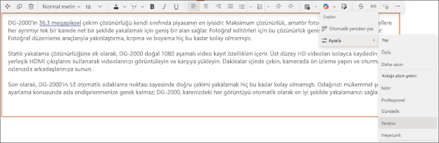 SharePoint'te Copilot ile önerilen metnin üslubunun değiştirilmesi örneği - önce