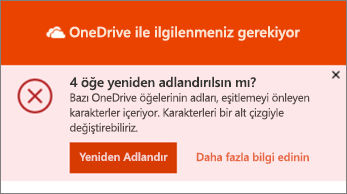 OneDrive masaüstü eşitleme uygulamasındaki Yeniden Adlandır bildiriminin ekran görüntüsü