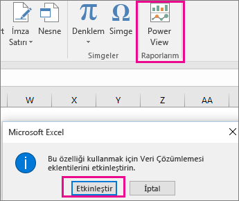 Excel’de Özel Pivot View düğmesi ve eklentiyi etkinleştirme iletişim kutusu