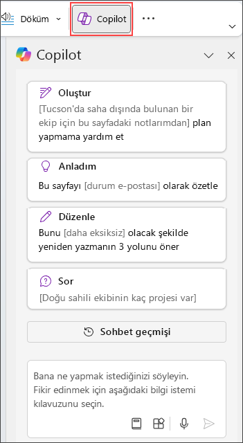 OneNote’ta sayfanın sağ tarafındaki Copilot bölmesi.