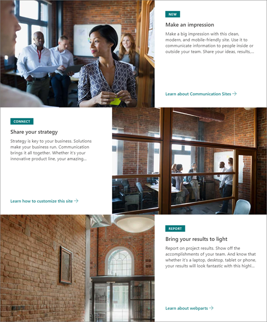 SharePoint iletişim sitesi vitrini tasarımı için hero web bölümü