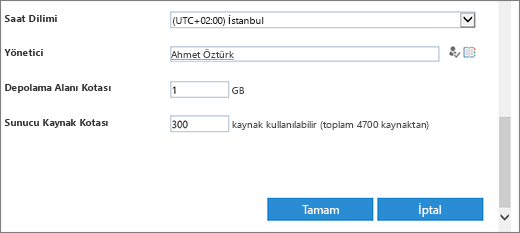 Saat dilimi ve kotalar ile yeni site koleksiyonu iletişim kutusu.