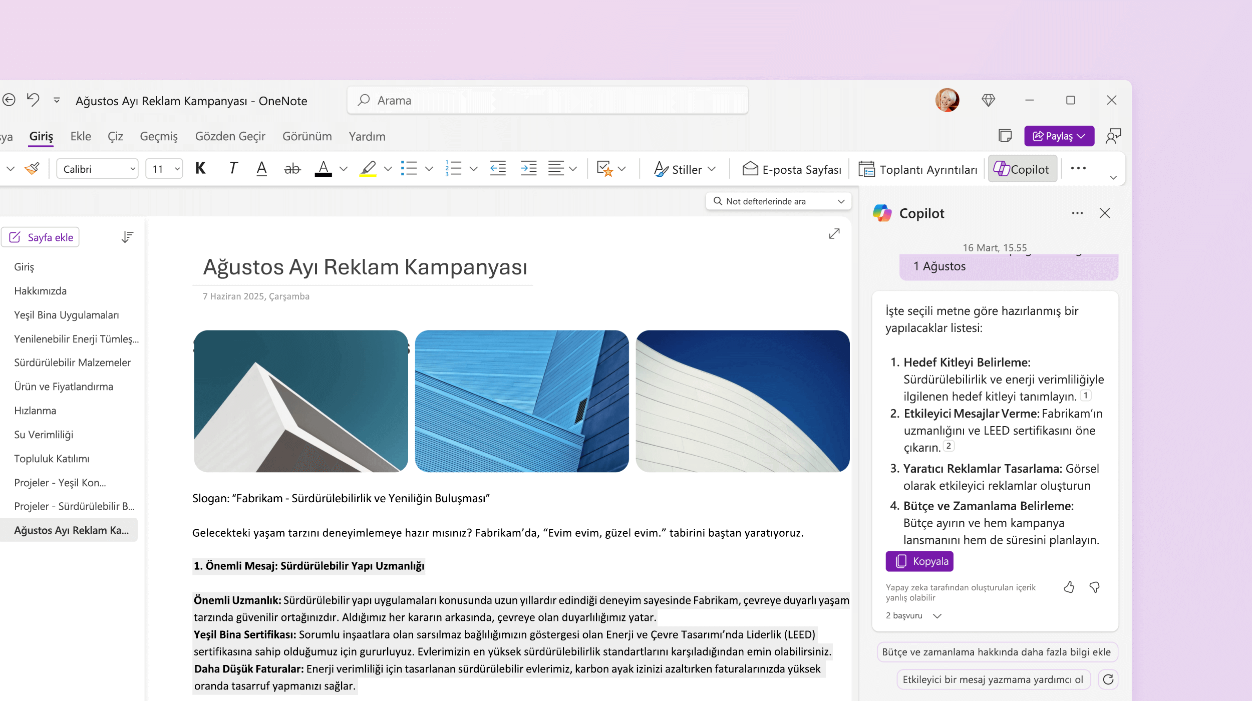 Yapılacaklar listesi yapan OneNote'ta Copilot'ı gösteren ekran görüntüsü.