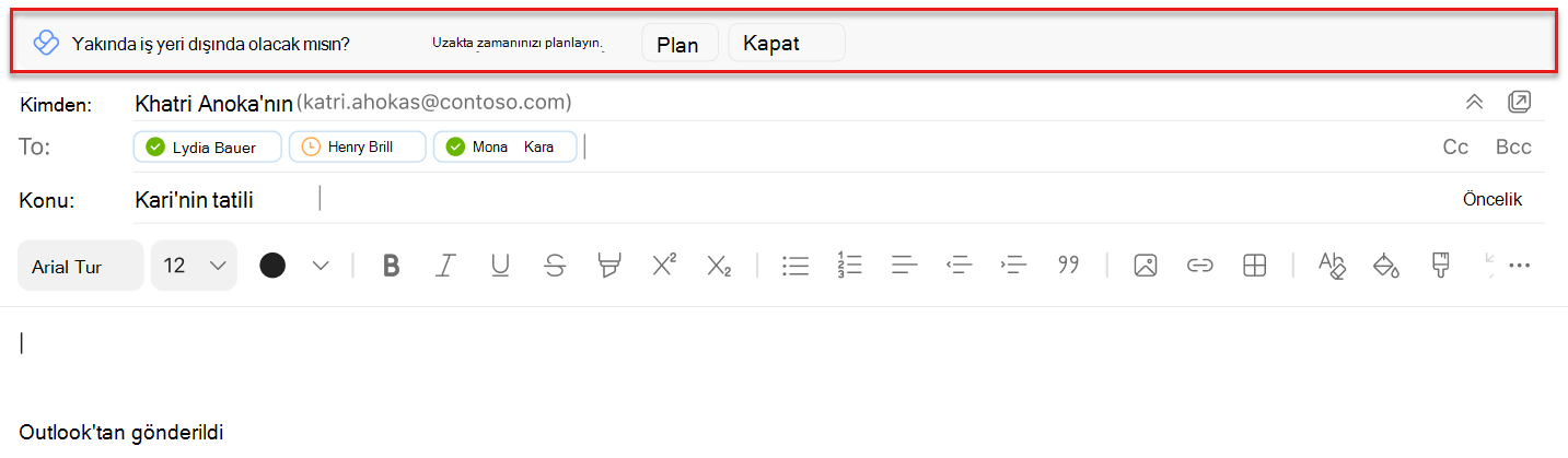 Outlook'ta e-posta oluştururken zamanınızı planlamak için satır içi önerinin ekran görüntüsü