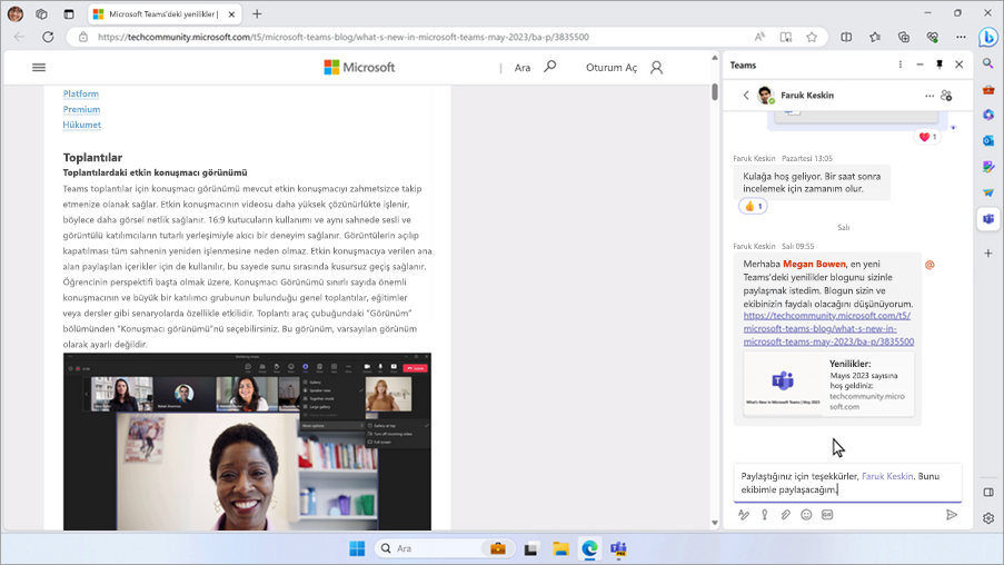 Microsoft Edge tarayıcısında görüntülenen Teams sohbeti