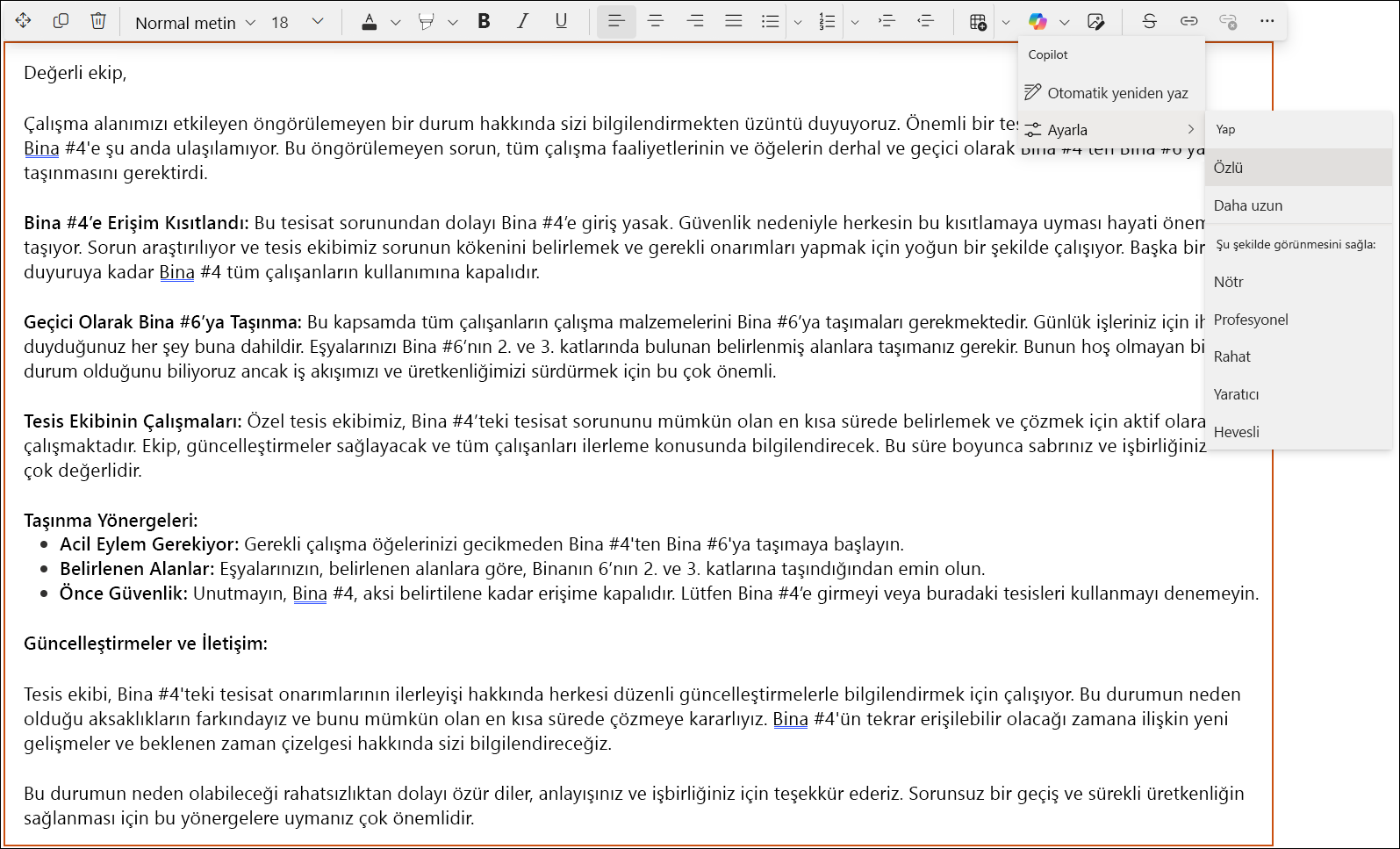 SharePoint zengin metin düzenleyicisinde uzun bir metnin ekran görüntüsü.