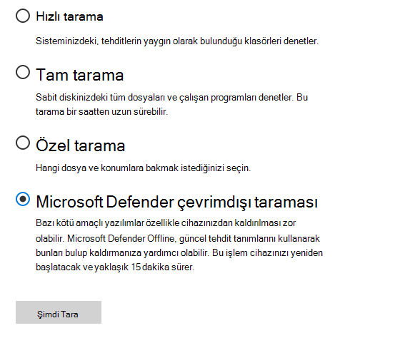 taramanın seçili Microsoft Defender Çevrimdışı gösteren Tarama seçenekleri iletişim kutusu.