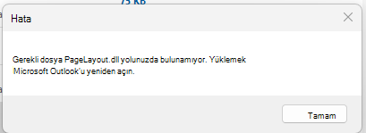 "Gerekli dosya PageLayout.dll bulunamıyor" hata iletisinin ekran görüntüsü