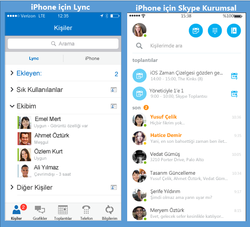 Lync ve Skype Kurumsal 'ın yan yana ekran görüntüleri