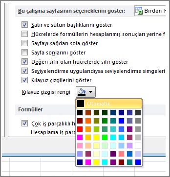 Gridline color settings in the Excel Options dialog box