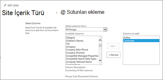 İçerik türüne varolan sütunları ekleme