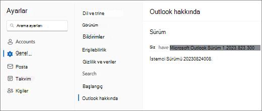 'Genel' ve 'Outlook Hakkında' vurgulanmış olarak yeni Windows için Outlook sürüm bilgilerinin resmi.