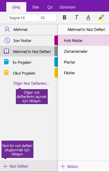 Yeni OneNote not defteri oluşturma işleminin gösterildiği ekran görüntüsü