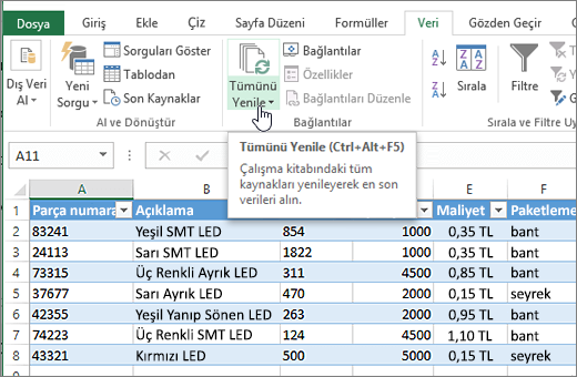 İçeri aktarılan liste ve Tümünü Yenile düğmesinin vurgulandığı Excel elektronik tablosu.