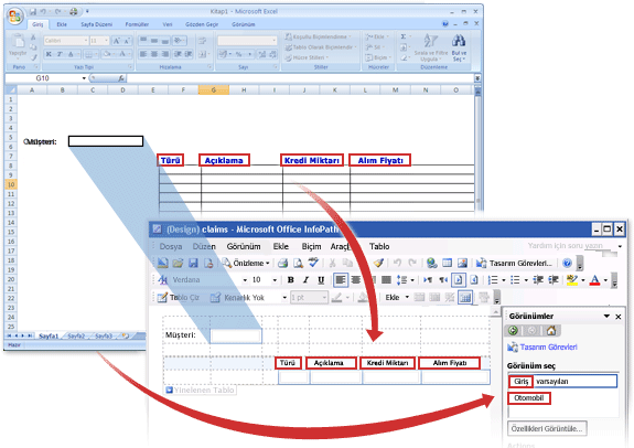 InfoPath form şablonuna dönüştürülmeden önce ve dönüştürüldükten sonra Excel çalışma kitabı.