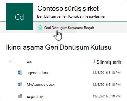 Boş geri dönüşüm kutusu düğmesi vurgulanmış SharePoint Online 2. düzey geri dönüşüm kutusu