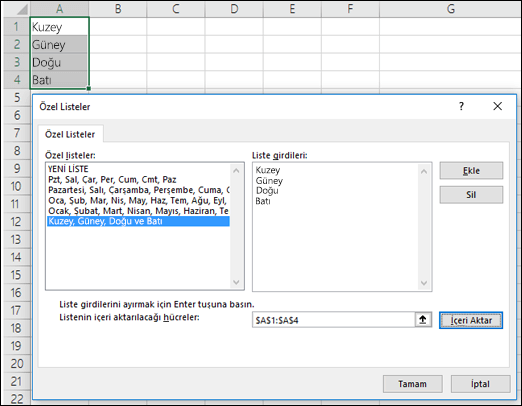 Dosya > Seçenekler > Gelişmiş > Genel > Özel Listeleri Düzenle'den ulaşılan Özel Liste iletişim kutusu. Excel 2007'de, Office Düğmesi > Excel Seçenekleri > Popüler > Özel Listeleri Düzenle'ye tıklayın.