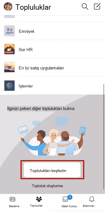 Seçimde, seçimle birlikte Yammer topluluklarını bulmayı gösteren ekran görüntüsü