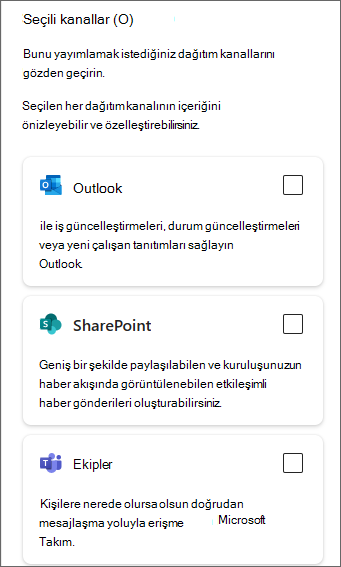 Outlook, SharePoint ve Teams onay kutularını gösteren yan panelin ekran görüntüsü.