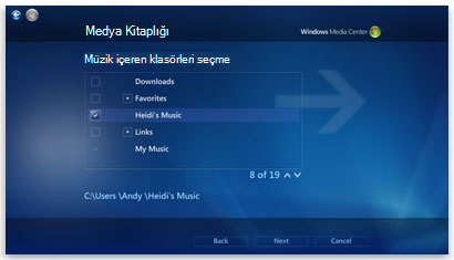 Windows Media Center'daki Medya Kitaplığı sayfası