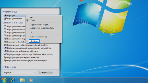 Windows 7 işletim sisteminde Denetim Masası.