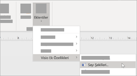 Görünüm sekmesinde, sayı biçimlendirmesi eklemek için Visio Ekleri > Sayı Şekilleri'ni Add-Ons > seçin.