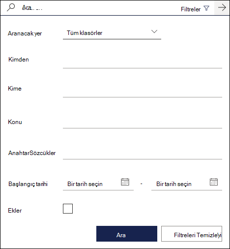 kullanılabilir filtreleri gösteren Web üzerinde Outlook arama kutusu