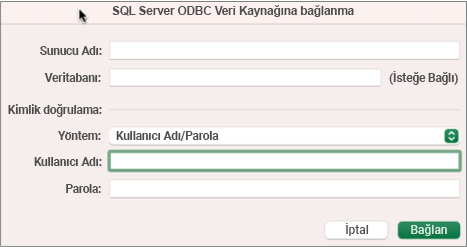 Sunucuyu, veritabanını ve kimlik bilgilerini girmek için SQL Server iletişim kutusu