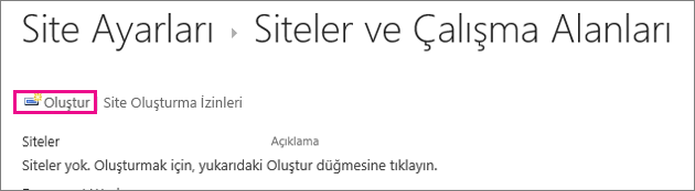 Siteler ve çalışma alanları iletişim kutusunda site oluşturma bağlantısı