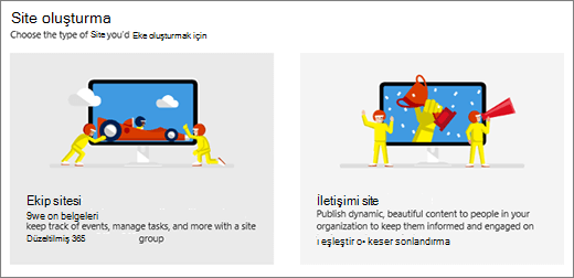 İki üst düzey şablon, ekip veya iletişim sitesi seçimi.