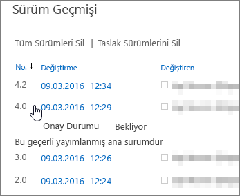 Bir ikincil sürümün silindiği sürüm geçmişi