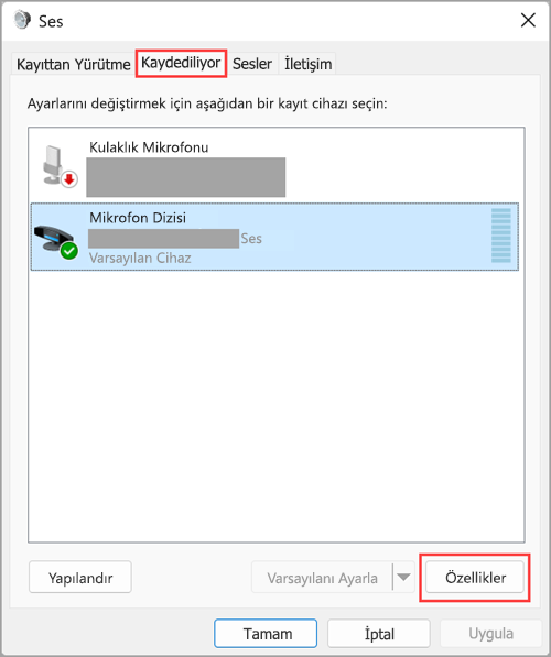 Windows 11 Ses Ayarları'nda ses giriş aygıtı özelliklerine erişin.
