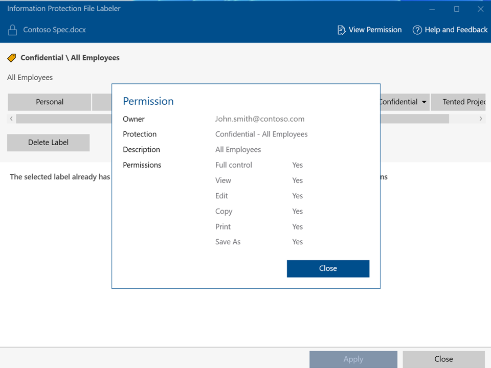 Microsoft Purview Bilgi Koruması Dosya Etiketleyicisi ile izinleri görüntüleme