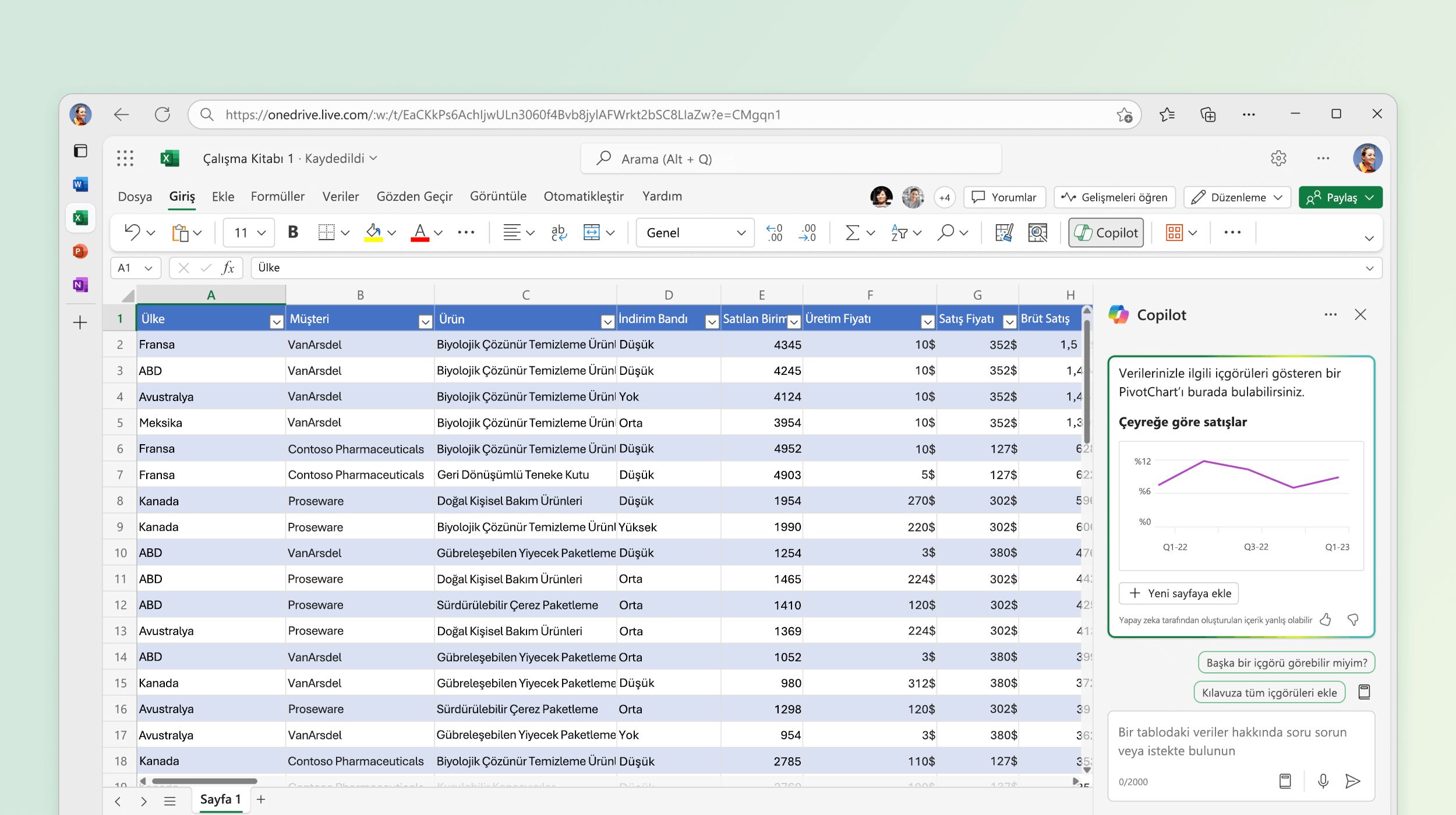 Excel'de Copilot'un mevcut verilerden içgörüleri tanımlamasını gösteren ekran görüntüsü.