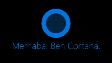 Ekranda görünen Cortana simgesi ve simgenin altında "Merhaba. Ben Cortana" sözleri.