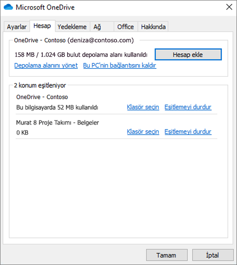 OneDrive eşitleme istemcisinde hesap ayarlarının ekran görüntüsü.