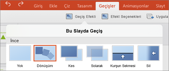 iPad için PowerPoint 2016’da geçiş menüsündeki Dönüşüm geçişini gösterir