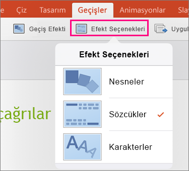 iPad için PowerPoint 2016’da Dönüşüm geçişi için Efekt Seçenekleri’ni gösterir