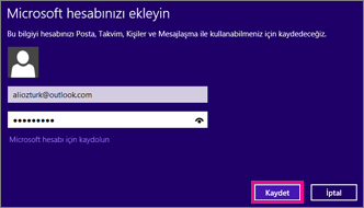 Windows 8 Posta Microsoft hesabınızı ekleyin sayfası