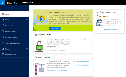 Office 365 Güvenlik ve Uyumluluk Merkezi giriş sayfasının ekran görüntüsü.