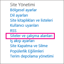 Site Ayarları sayfasının Siteler ve çalışma alanları bölümü