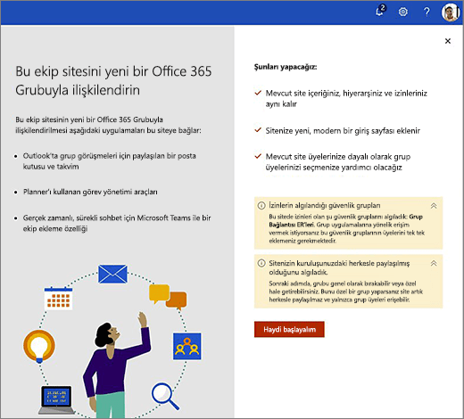 Bu resimde, yeni Office 365 oluşturma sihirbazının ilk ekranı gösterilir.