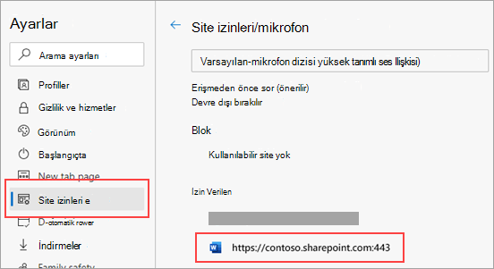 Microsoft Edge için mikrofon izinleri ayarları sayfası