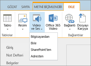 SharePoint Online şeridinin ekran görüntüsü. Ekle sekmesini seçin ve ardından Video ve Ses’i seçerek dosyanın bilgisayarınızdan mı, SharePoint konumundan mı, web adresinden mi yoksa bir ekleme kodu yoluyla mı ekleneceğini belirtin.