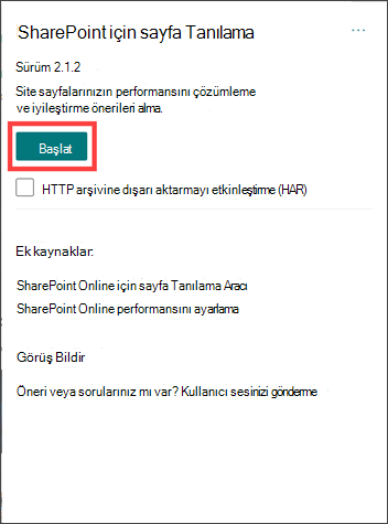 SharePoint aracının başlangıç sayfası için sayfa tanılama