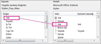 Excel'den bir sütunu Outlook kişi alanıyla eşleştirme