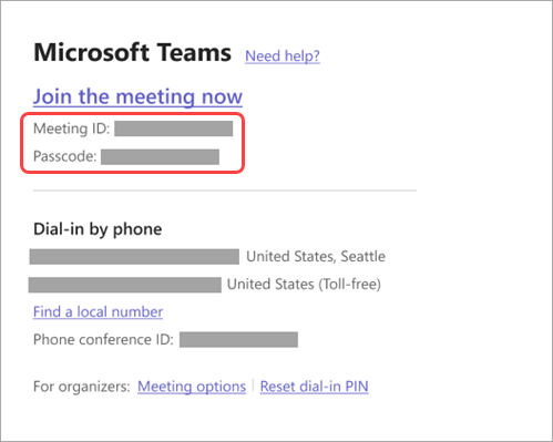 Toplantı davetinde toplantı kimliğinin ve geçiş kodunun nerede bulunacağı gösteren ekran görüntüsü.