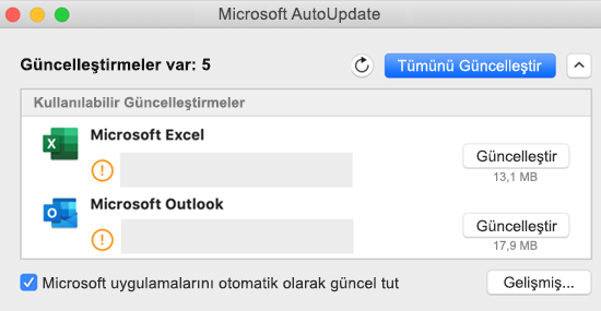 Güncelleştirmeler hakkında bilgi içeren Microsoft AutoUpdate panosu görüntüsü.