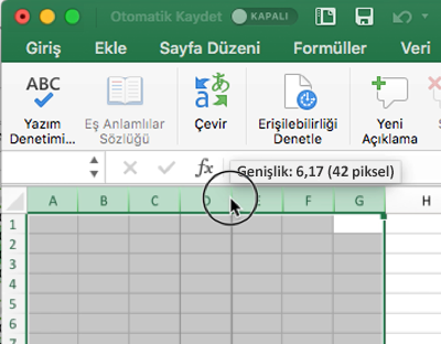 Excel’de sütun genişliklerini yeniden boyutlandırmak için farenin kullanımını gösteren ekran görüntüsü