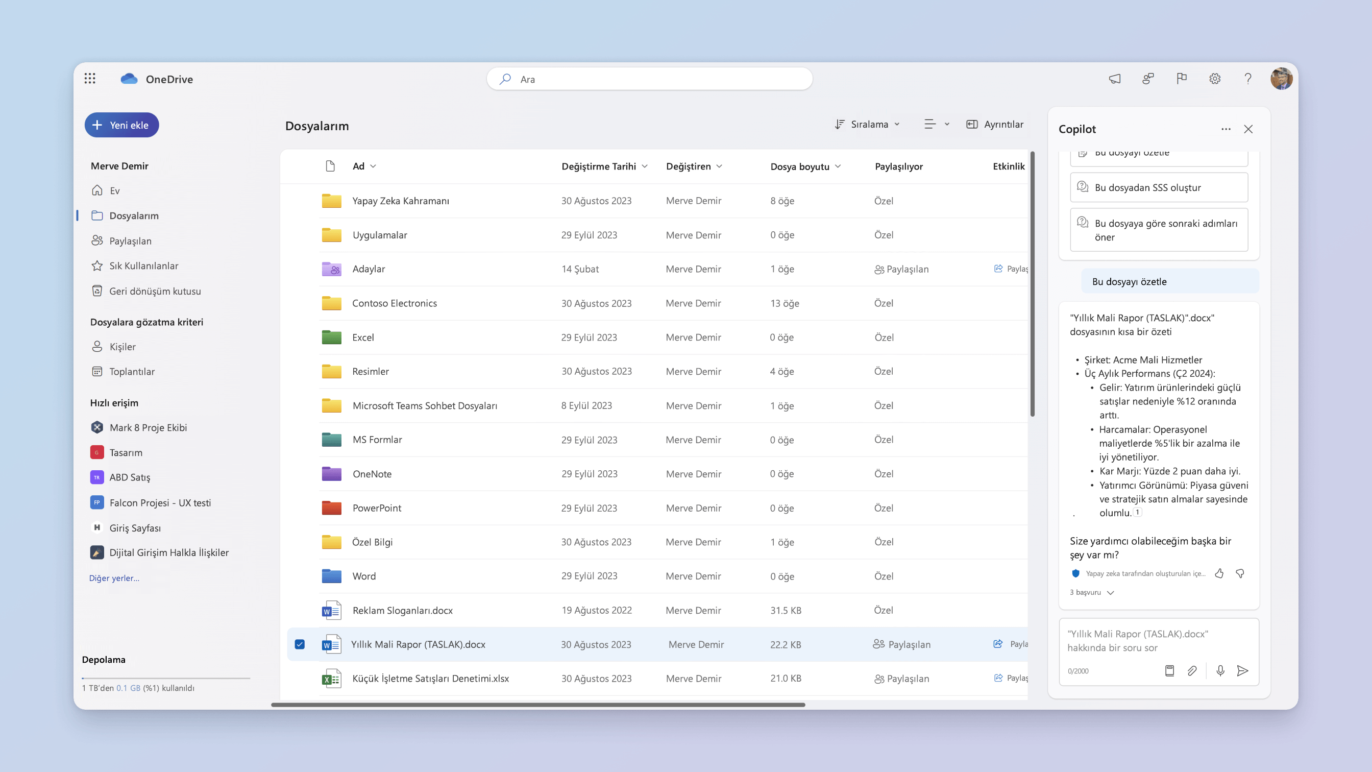 Copilot için OneDrive dosyaları hakkında soru sorma özelliğinin ekran görüntüsü